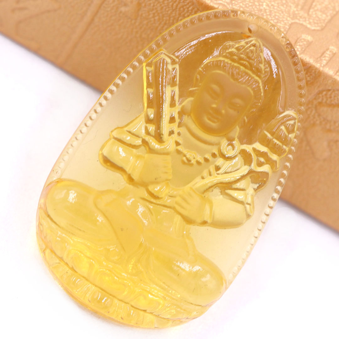 Mặt Phật Hư không tạng 5 cm  thuỷ tinh vàng kèm móc và dây chuyền inox vàng, Mặt Phật bản mệnh