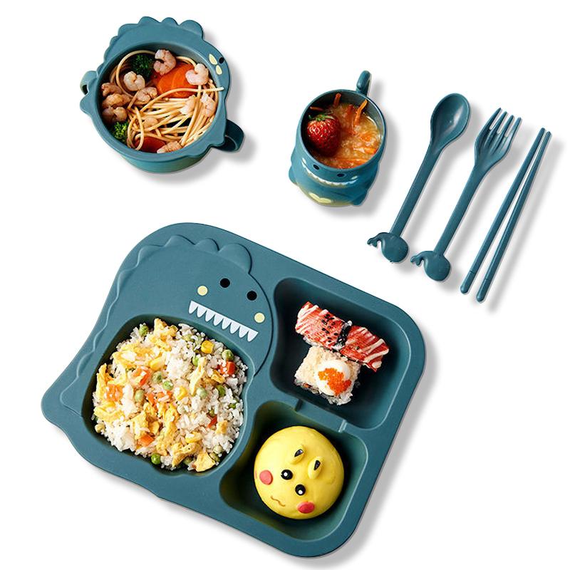 6 Cái/bộ Bé Bộ Đồ Ăn Bát + Tặng Cốc + Đĩa Dùng Tiệc + Tặng Thìa + Nĩa + Đũa Hoạt Hình Dễ Thương Sợi Tre trẻ Em Chống Nóng Tiện Dụng