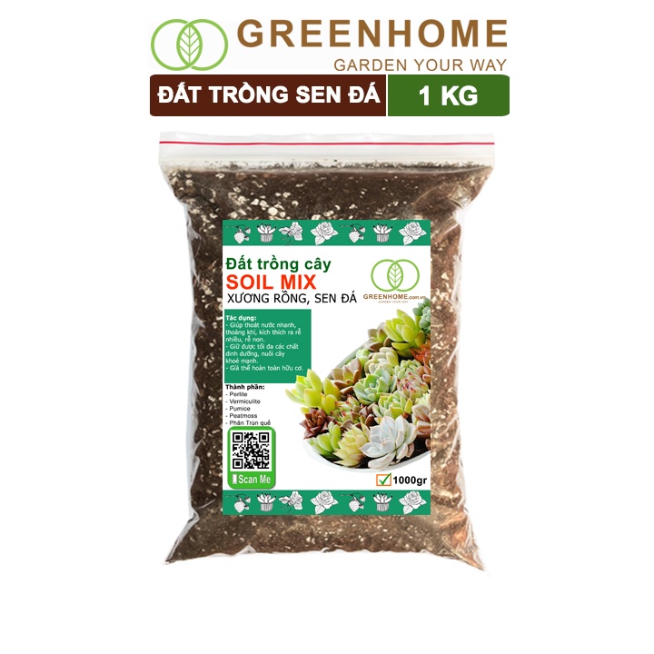 Đất Trồng Sen Đá Greenhome, Bao 1kg, Soil Mix, Trộn Sẵn, Tiện Lợi, Đầy Đủ Dinh Dưỡng, Thoát Nước Tốt, Cây Nhanh Lớn