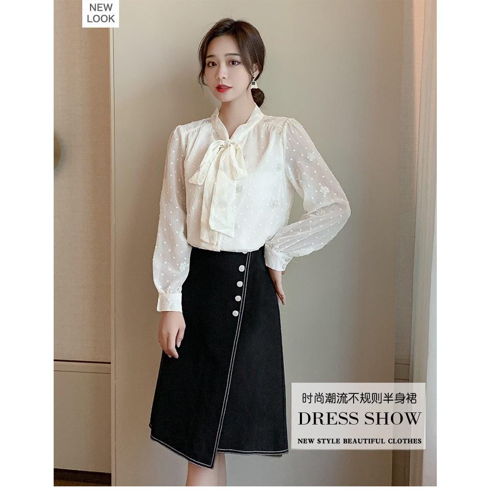 Chân váy nữ chỉ nổi 5 khuy midi váy nữ công sở thiết kế dáng xòe thời trang Banamo Fashion 539