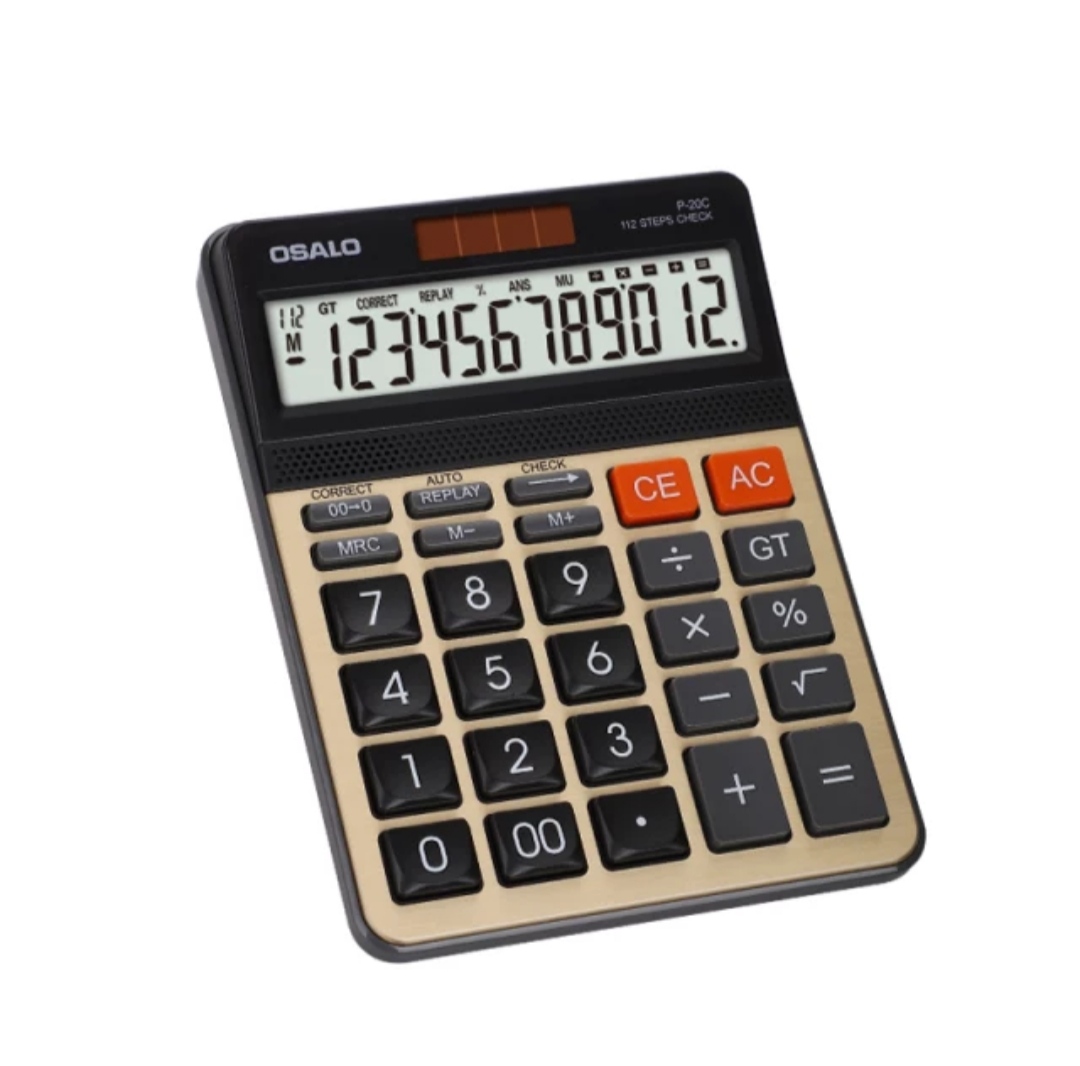 Máy tính để bàn bán hàng OSALO P-20C chính hãng, chất lượng cao, mặt nhôm vàng gold, 12 chữ số, màn hình LCD Nhật sắc nét.