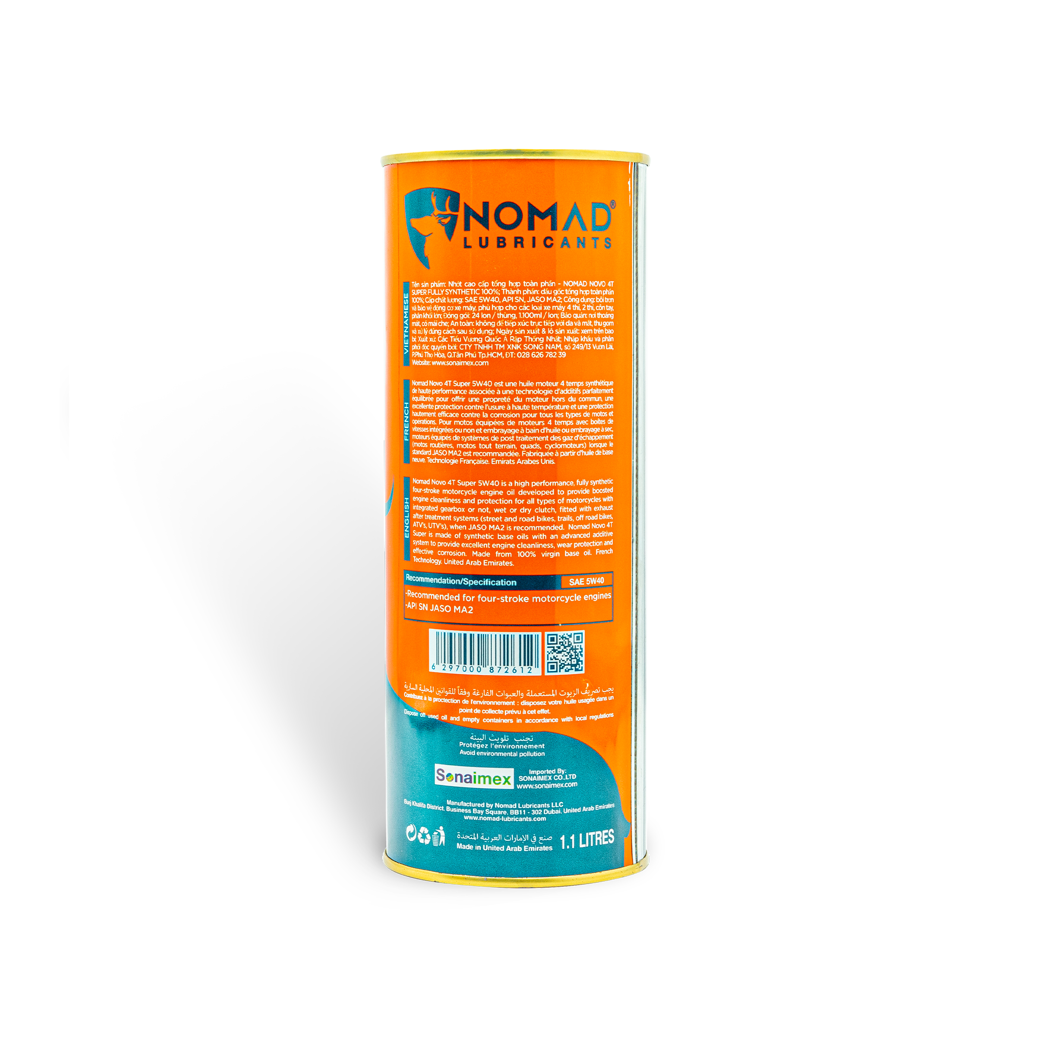 Nhớt tổng hợp toàn phần 100% NOMAD - SAE 5W40 - API SN - JASO MA2 - 1.1L - TẶNG 1 bàn chải chà sên 3D loại tốt