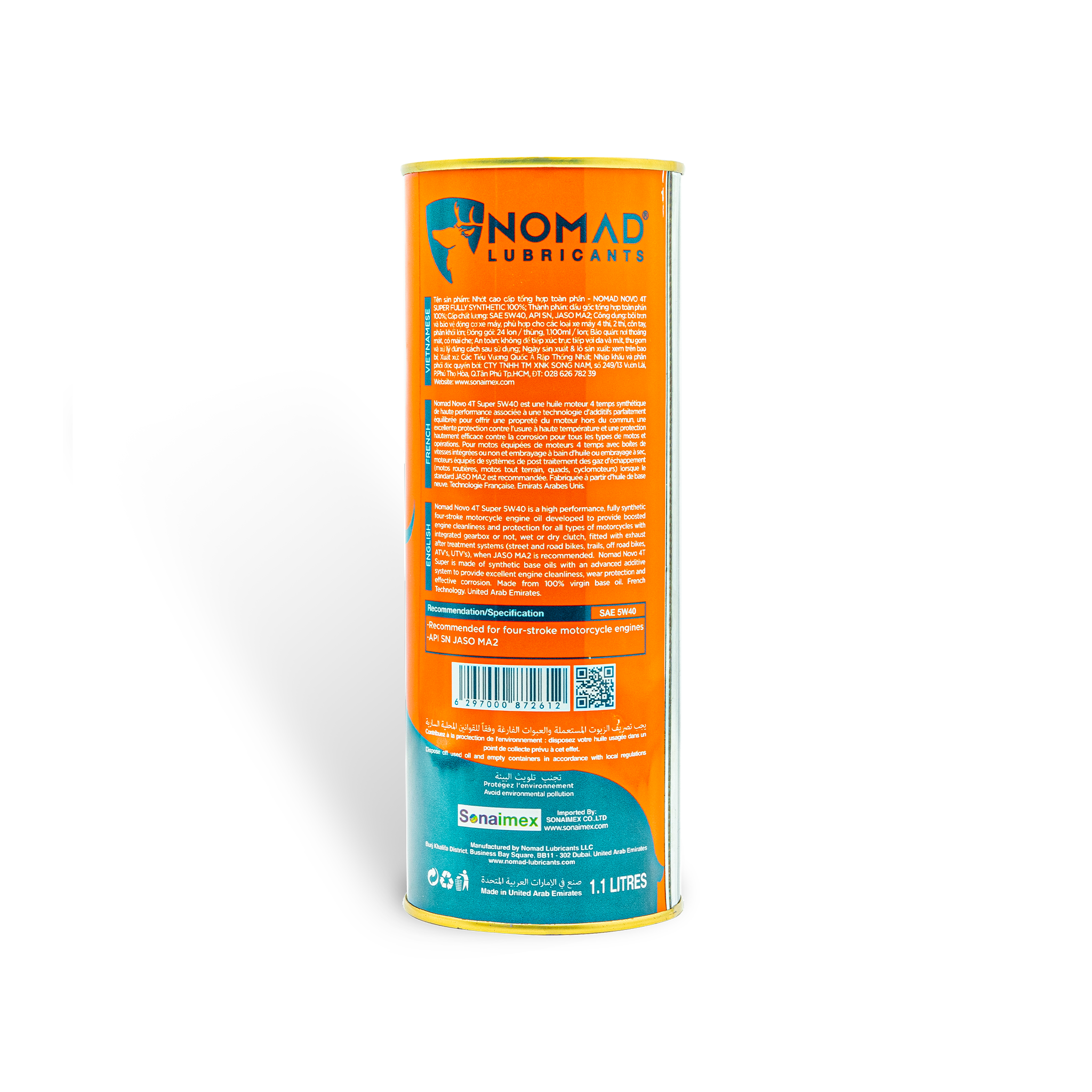 Nhớt tổng hợp toàn phần 100% NOMAD - SAE 5W40 - API SN - JASO MA2 - 1.1L - Tặng 1 chai vệ sinh động cơ BCP Engine Flush 100 mL