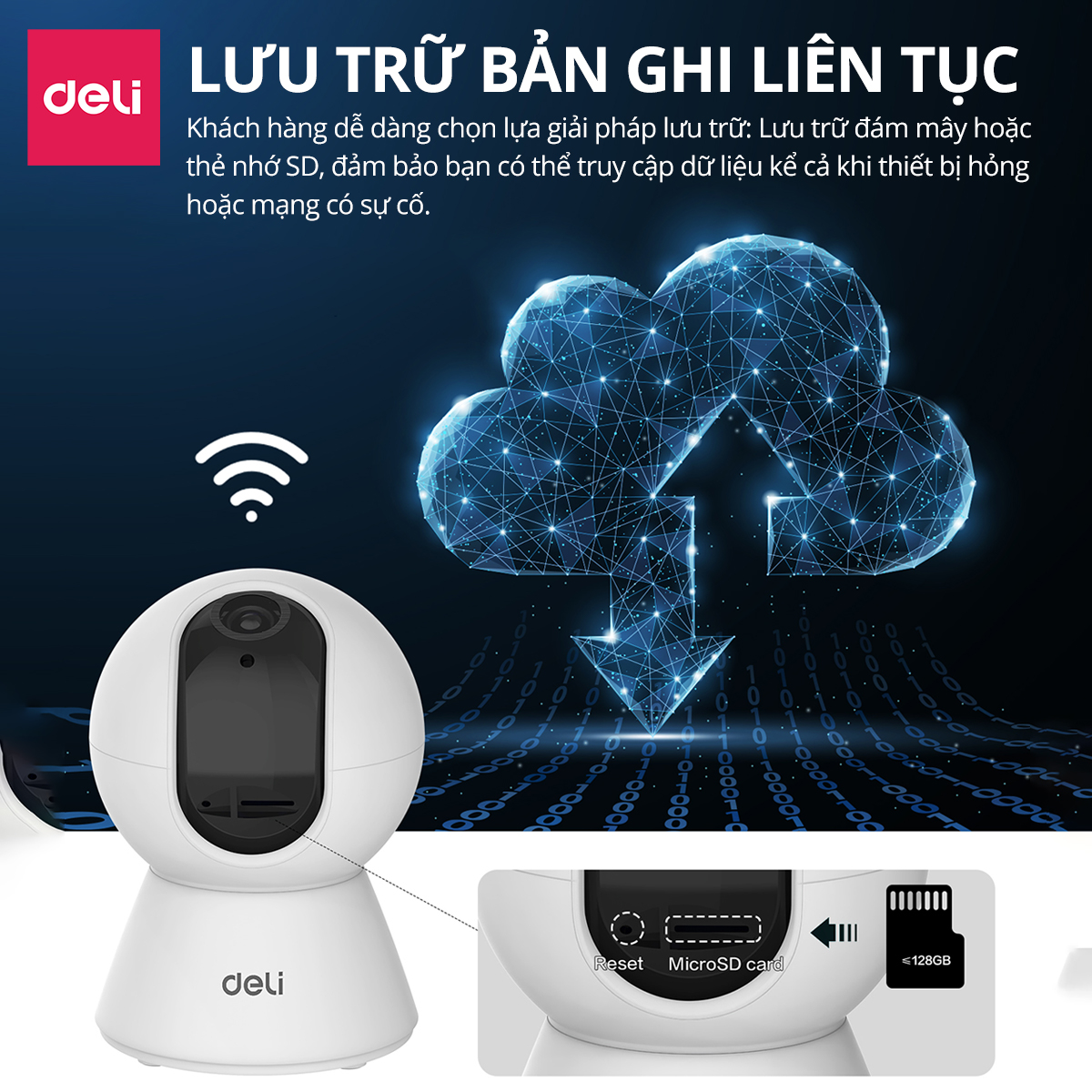 Camera WIFI IP DELI Hàng Chính Hãng Xoay 360 Độ Đàm Thoại 2 Chiều Mắt Nhìn Hồng Ngoại Theo Dõi Phát Hiện Chuyển Động