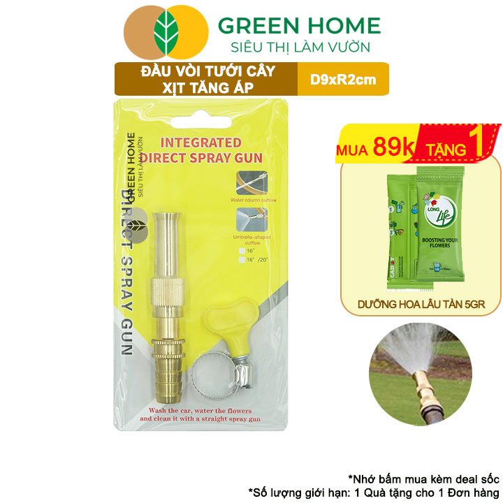 Đầu Vòi Xịt Tăng Áp Greenhome, D9xR1,5cm, Bằng Đồng, Dùng Tưới Cây, Rửa Xe, Rửa Sân Vườn