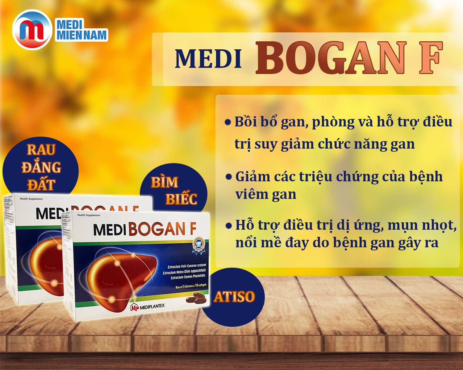 Medibogan F Mediplantex - hỗ trợ bảo vệ tế bào gan, giải độc gan, giúp mát gan, lợi mật, lợi tiểu Hộp 50 viên