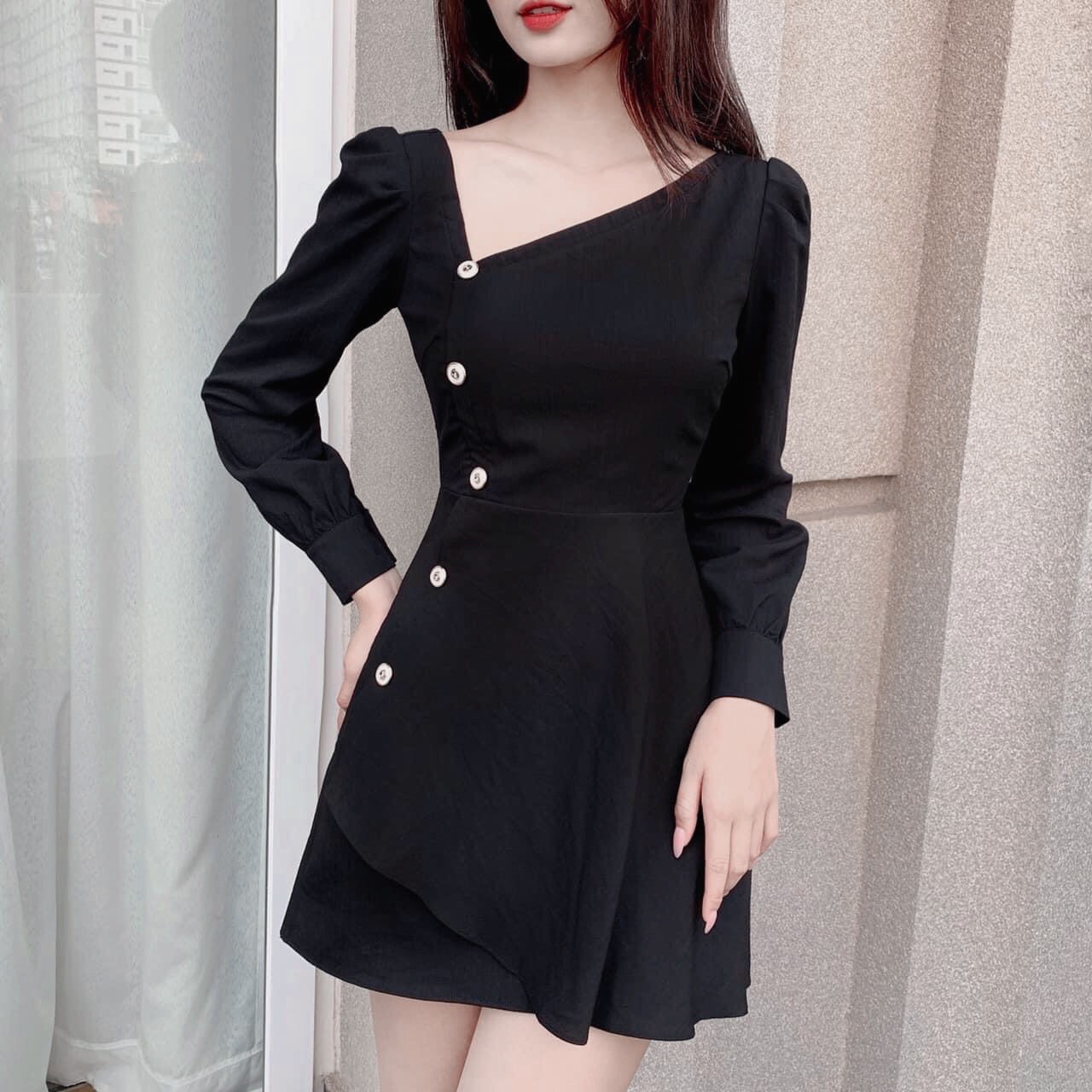 Váy đi tiệc TANA D0177 váy cổ chéo lệch nút 3 màu Trắng, Đen, Nude mặc hàng ngày, đi làm, đi tiệc