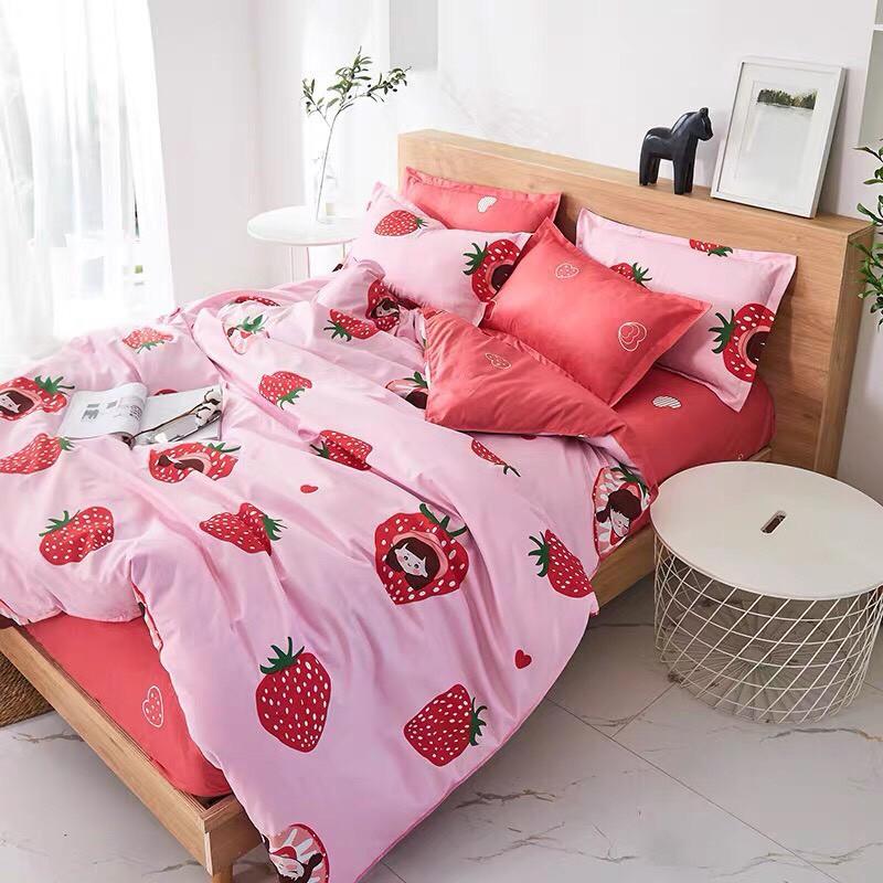 Bộ chăn ga gối Cotton poly M2T bedding cô bé dâu tây, vỏ chăn mền, drap nệm và 2 vỏ gối