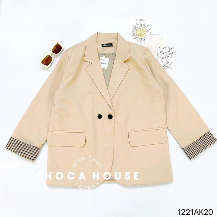 Áo khoác vest công sở blazer Hàn Quốc 2 lớp tay áo phối kiểu caro THOCA HOUSE đen, nude trưởng thành