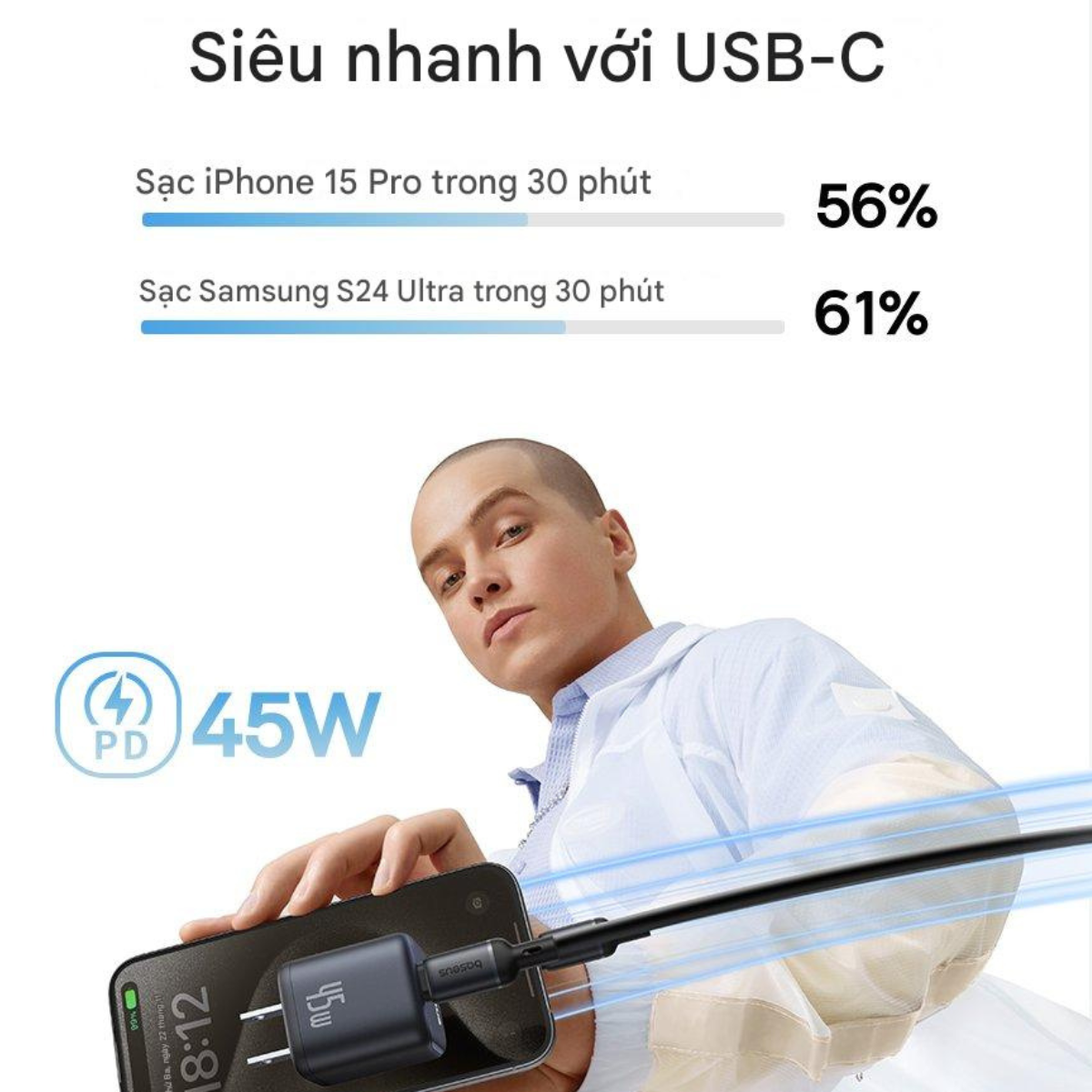 Củ sạc nhanh 1 Cổng PD 45W Baseus PicoGo GaN Fast Charger - Hàng chính hãng