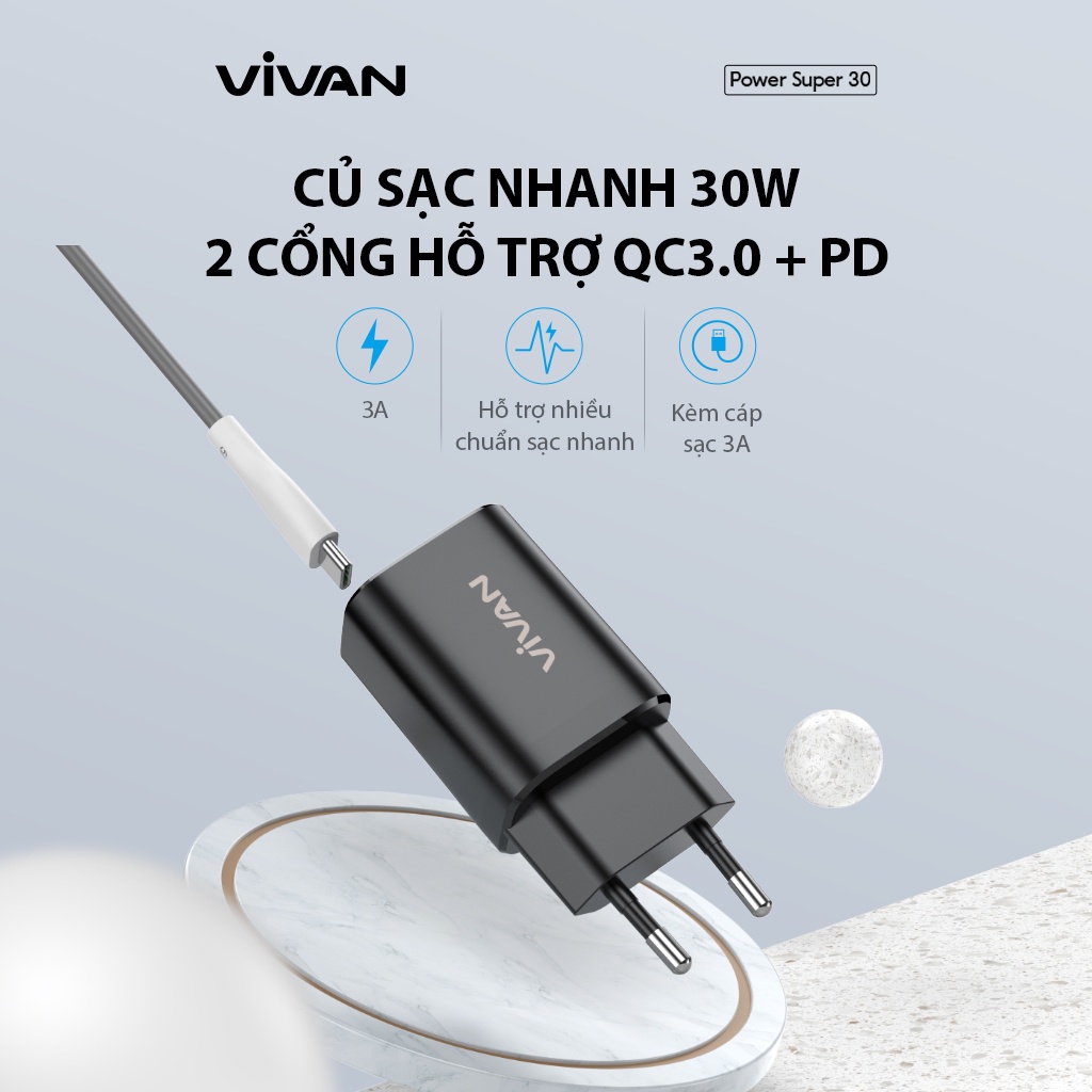 Cốc Sạc Nhanh VIVAN Power Super 30 Công Suất 30W 2 Cổng USB &amp; Type-C Sạc Nhanh Chuẩn QC 3.0 PD Kèm cáp Type-C - Hàng Chính Hãng