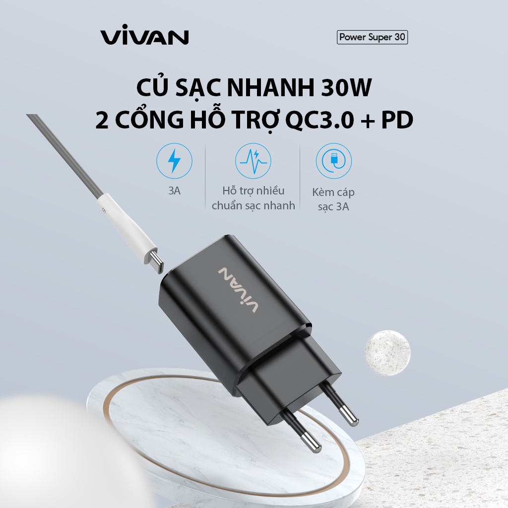 Cốc Sạc Nhanh VIVAN Power Super 30 Công Suất 30W 2 Cổng USB & Type-C Sạc Nhanh Chuẩn QC 3.0 PD Kèm cáp Type-C - Hàng Chính Hãng