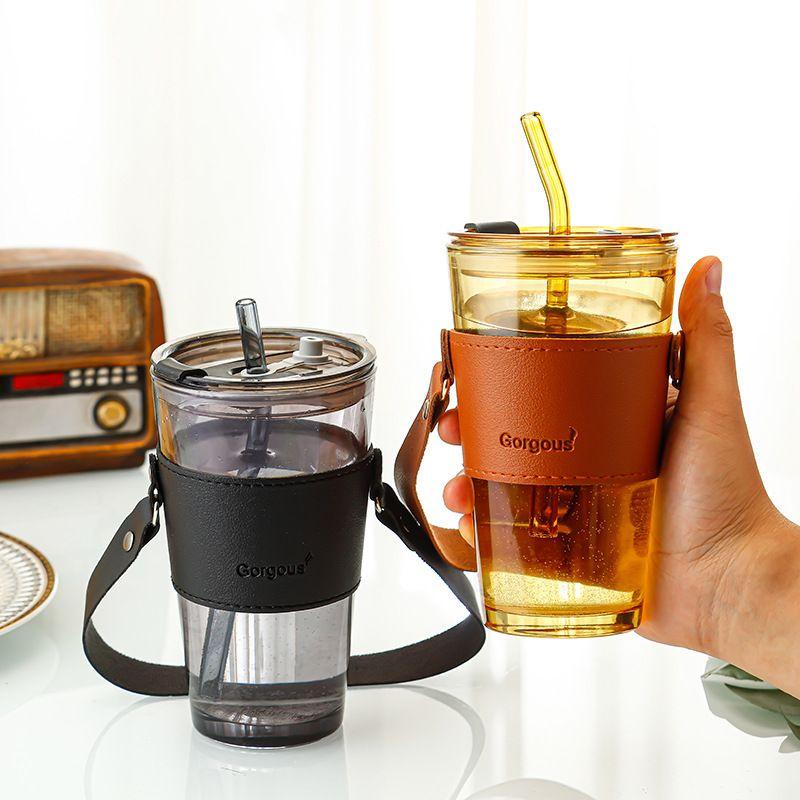 Ly Thủy Tinh Mix Da Size To, Ly Uống Nước Có Quai Xách Mang Đi Sang Trọng Tạng Kèm Ống Hút