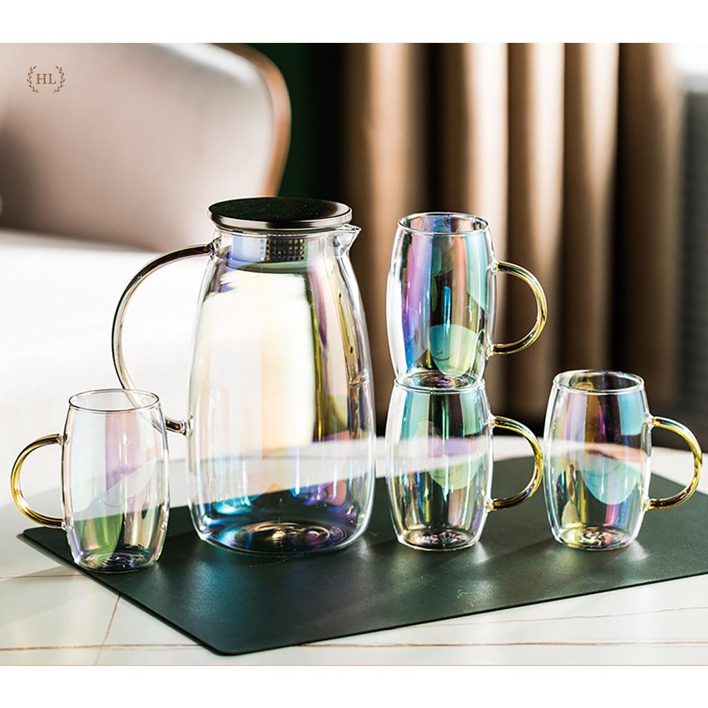 BỘ BÌNH 6 CỐC THUỶ TINH ÁNH TRAI CHỊU NHIỆT BOROSILICATE | BỘ CỐC BÌNH THUỶ TINH 7 MÀU PHA LÊ ĐẠI DƯƠNG