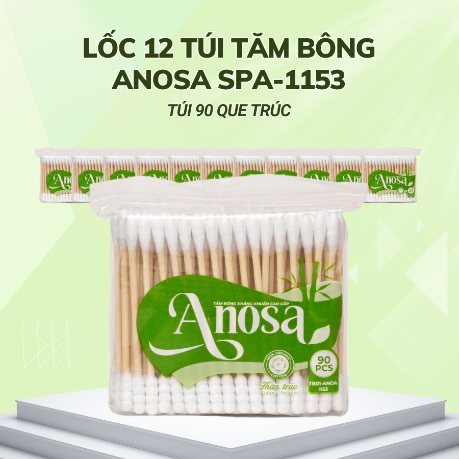 Lốc 12 túi Tăm bông Anosa người lớn thân trúc túi 90 que TB01-1153