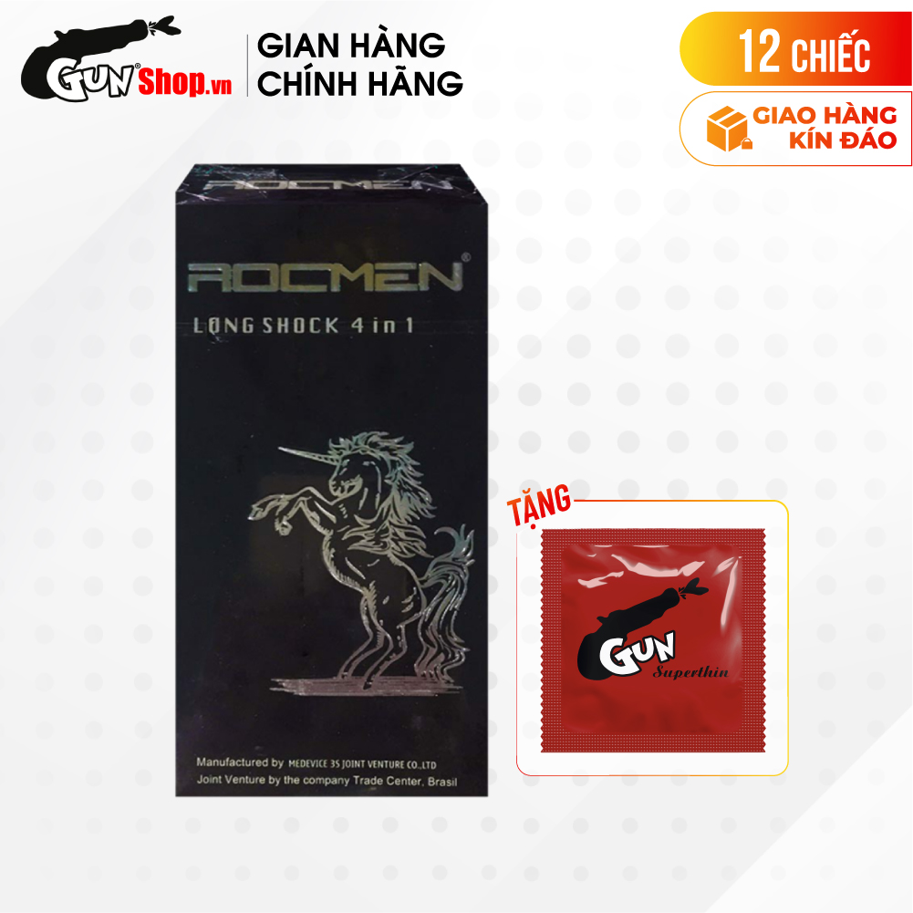 [Hộp 12 cái] Bao cao su Rocmen Long Shock - Kéo dài thời gian kèm 1 chiếc BCS Gun Super Thin