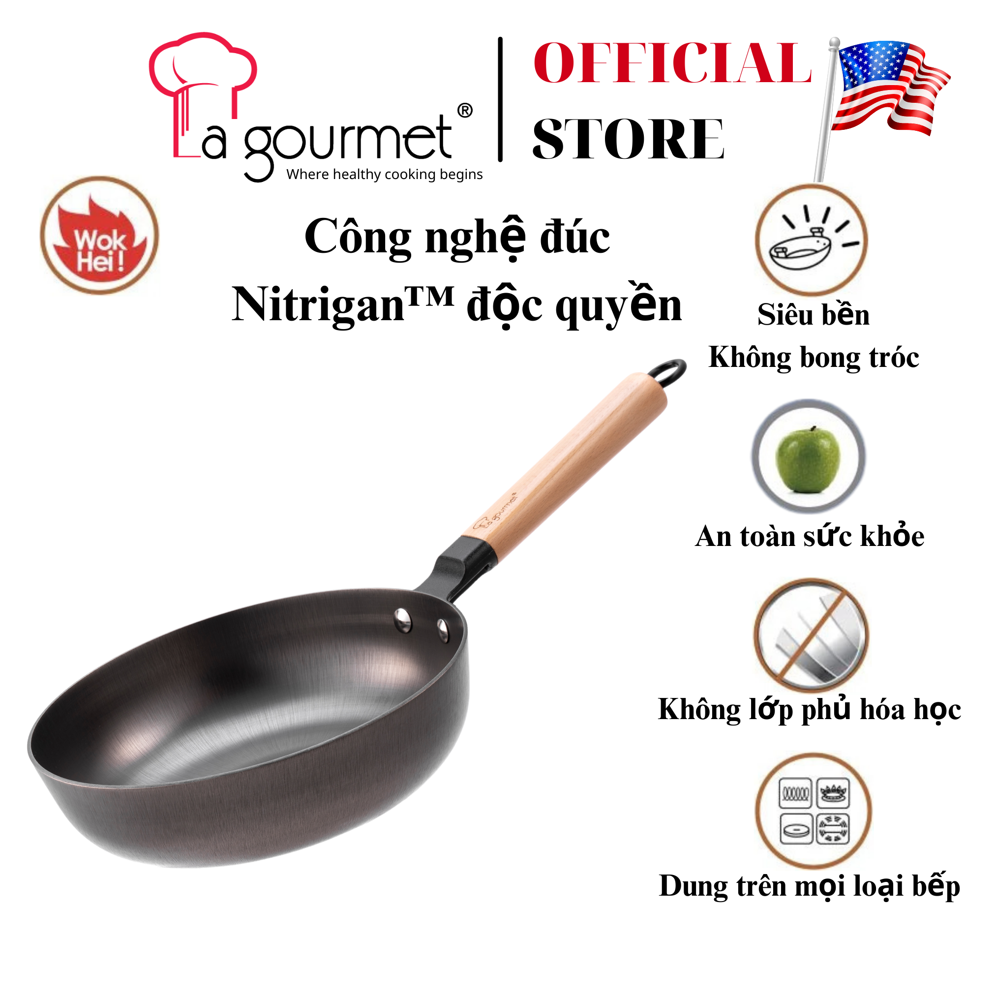 Chảo gang đúc công nghệ mới La gourmet Nitrigan™ 28cm lòng sâu 4L - 347701 (tốt cho sức khỏe, siêu bền)