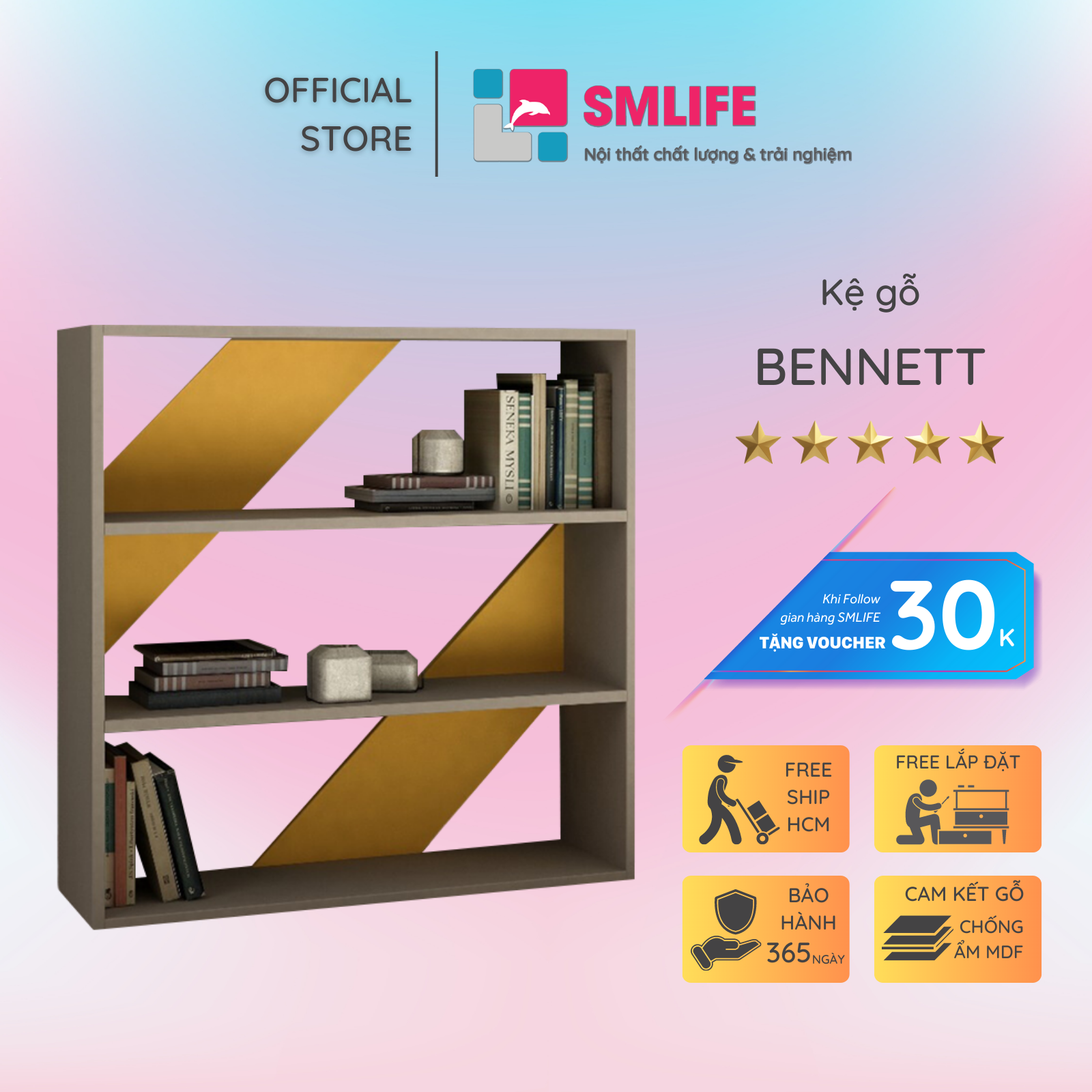 Kệ sách gỗ hiện đại SMLIFE Bennett  | Gỗ MDF dày 17mm chống ẩm | D80xR23xC80cm - Màu