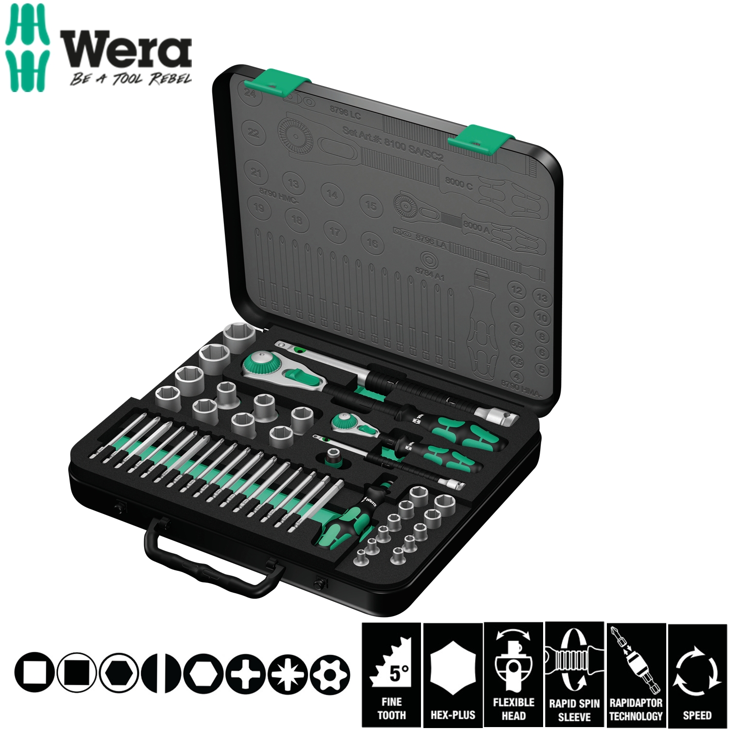 Bộ tuýp 1_2 inch và 1_4 inch Wera 8100 SA_SC 2  gồm 43 chi tiết hệ mét Wera 05160785001