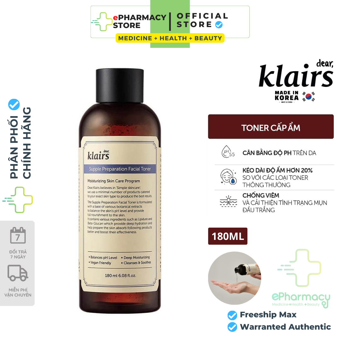 Toner Klairs Supple Preparation Facial - Nước Cân Bằng Klairs có mùi dưỡng ẩm & làm mềm da 180ml