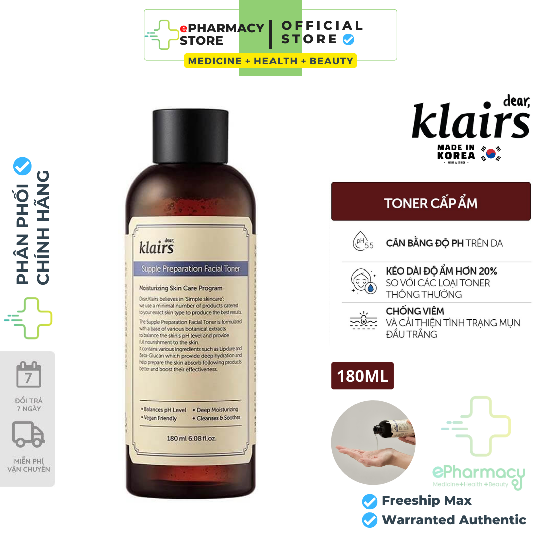 Toner Klairs Supple Preparation Facial - Nước Cân Bằng Klairs có mùi dưỡng ẩm &amp; làm mềm da 180ml