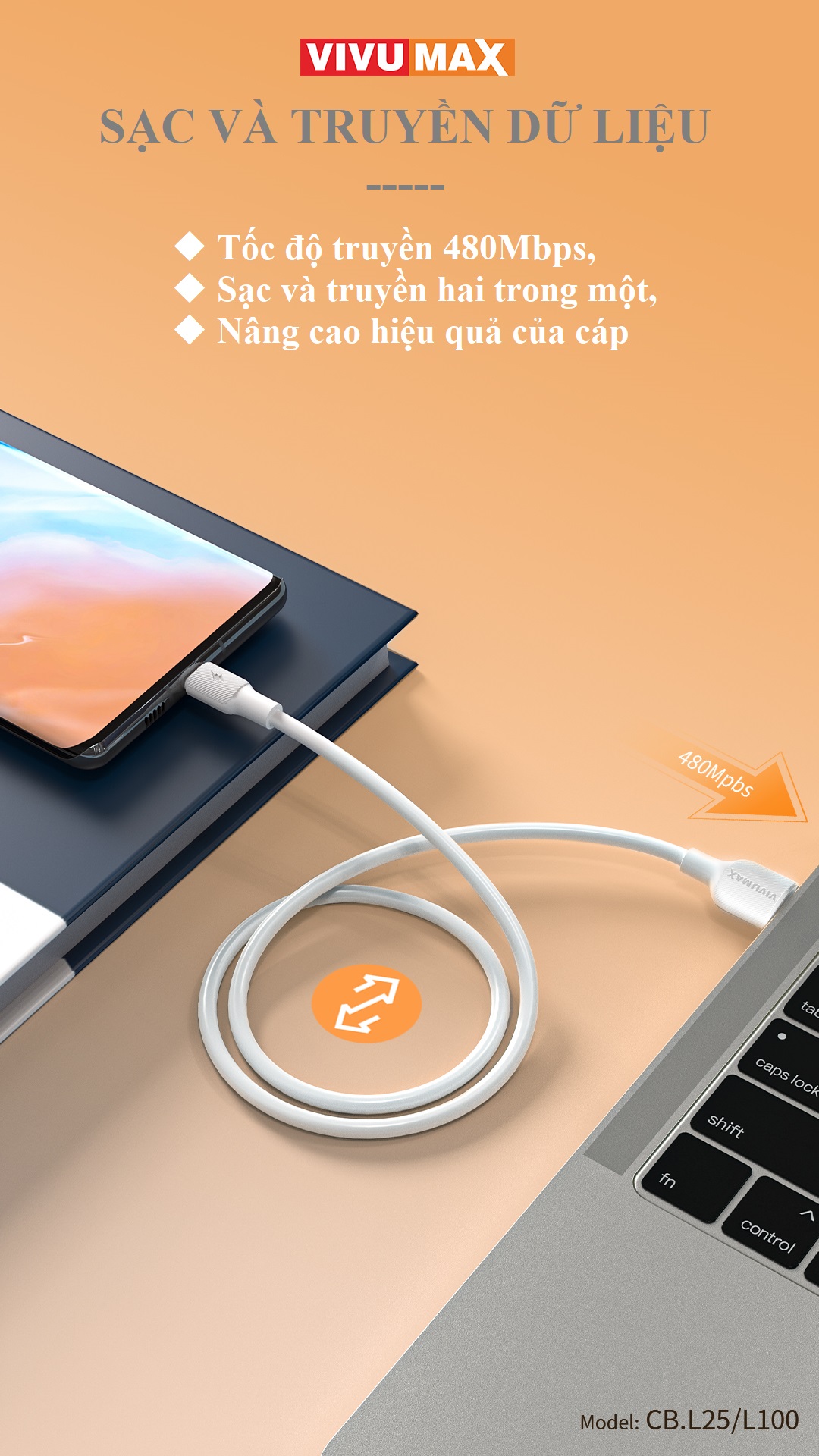 Cáp sạc nhanh 5A Vivumax L25m đầu Micro dài 25cm, thích hợp dùng pin sạc dự phòng, loa Bluetooth… Hàng Chính Hãng, Bảo Hành Chính Hãng