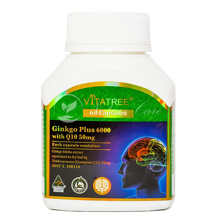 Viên uống hỗ trợ trí nhớ và sự tập trung Vitatree Ginkgo Plus 6000 with Q10 50mg - 60 Viên