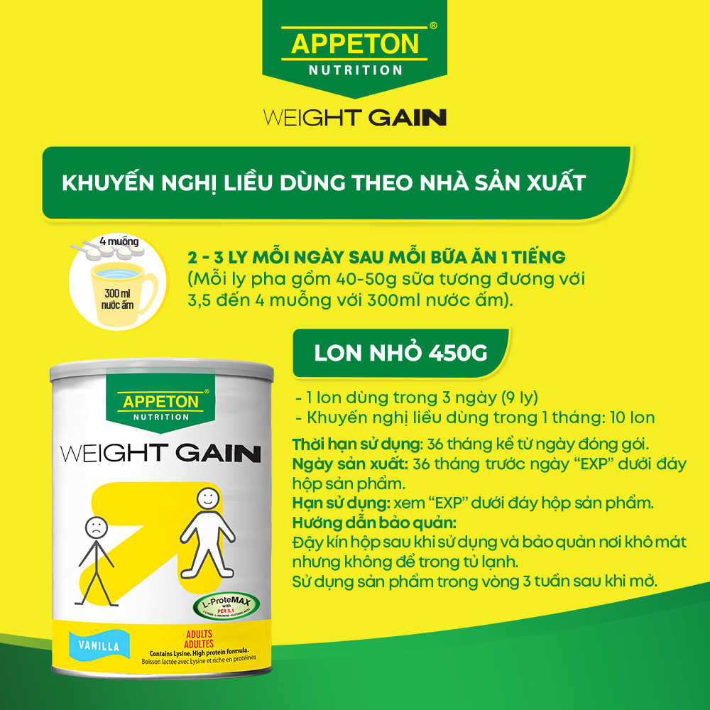 Combo 2 Sữa Tăng Cân Appeton Weight Gain cho Người lớn hương Vanilla lon 450g