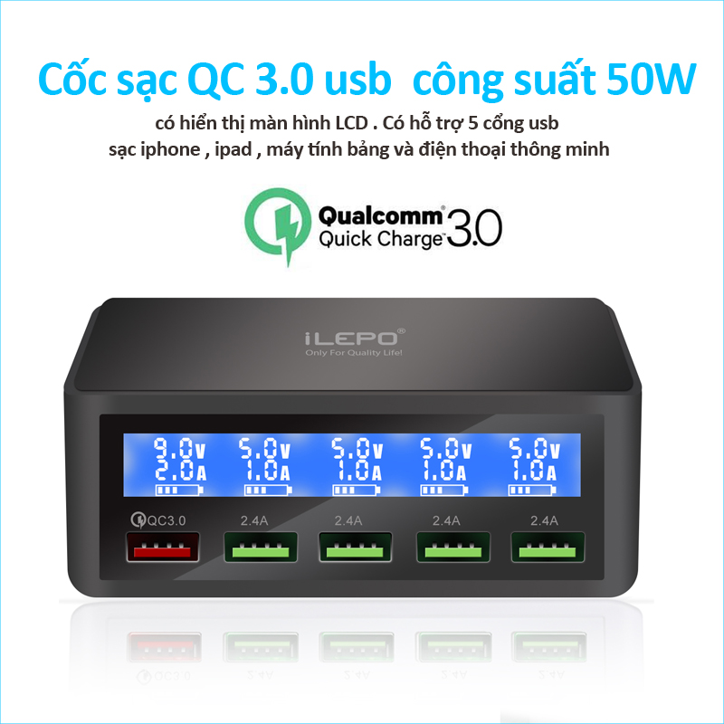 Trạm sạc di động thông minh để bàn sạc nhanh Quick Charge 3.0 màn hình hiển thị đèn LED ILEPO818