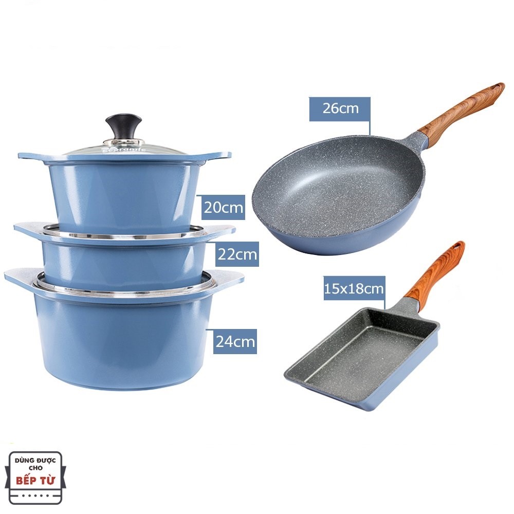 Combo 5 món cao cấp, nồi đúc ceramic đế từ xanh size 20-22-24cm, chảo vân đá ceramic đế từ vuông size 15x18cm và tròn size 26cm màu xanh (dùng được tất cả các bếp, kể cả bếp từ)  - Hàng chính hãng