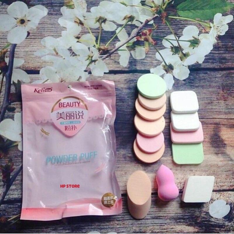 Bộ 13 Miếng Mút Trang Điểm BEAUTY POWDER PUFF Bông Mềm Dẻo Các Kiểu Nhiều Màu