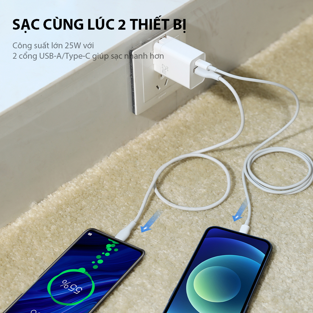 Cốc Sạc Nhanh ROBOT POWER 25U Công Suất 25w 2 Cổng USB-A/Type-C AC 100-240V - Hàng Chính Hãng