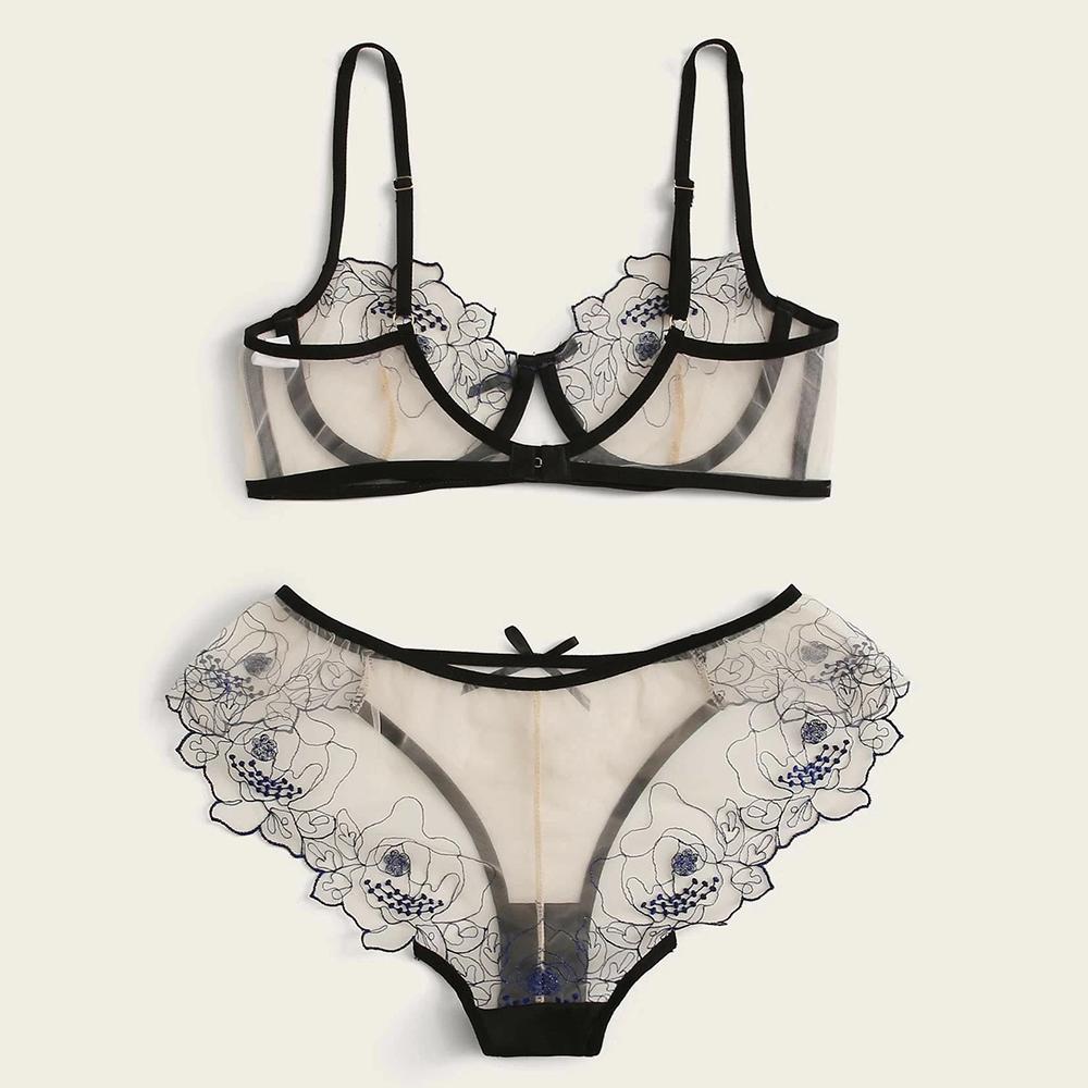 Áo Ngực Sexy Bộ Thêu Hoa Quan Điểm Ren Lưới Quá Khổ Bộ Đồ Lót Nữ Bralette Trong Suốt Áo Ngực Quần Bộ