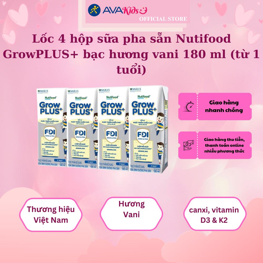 Lốc 4 hộp sữa pha sẵn Nutifood GrowPLUS+ bạc hương vani 180 ml (từ 1 tuổi)