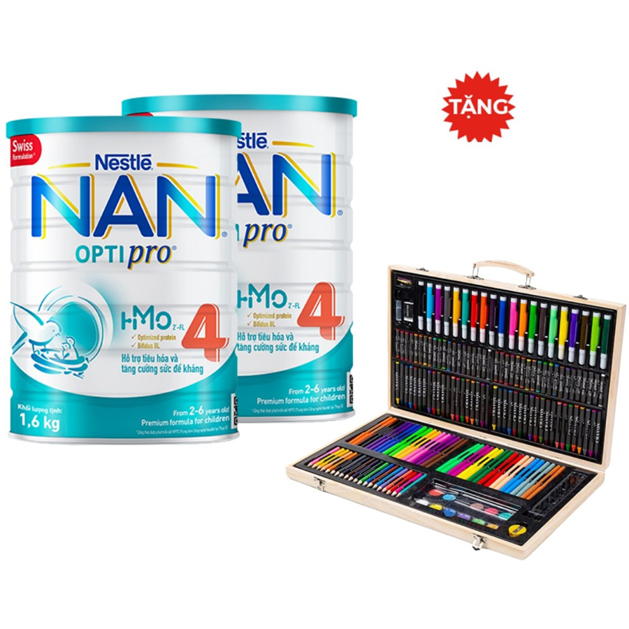 Combo 2 Lon Sữa Bột Nestlé NAN OPTIPRO HM-O 4 1.6kg Tặng Bộ Bút Màu Đa Năng 180 Cây