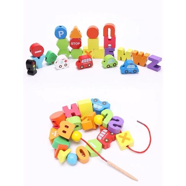 Đồ Chơi Gỗ Thông Minh The Pooh Cho Bé Xâu Luồn Hạt Chữ Số Kèm Phương Tiện Giao Thông An Toàn Cho Bé Từ 3-6 tuổi