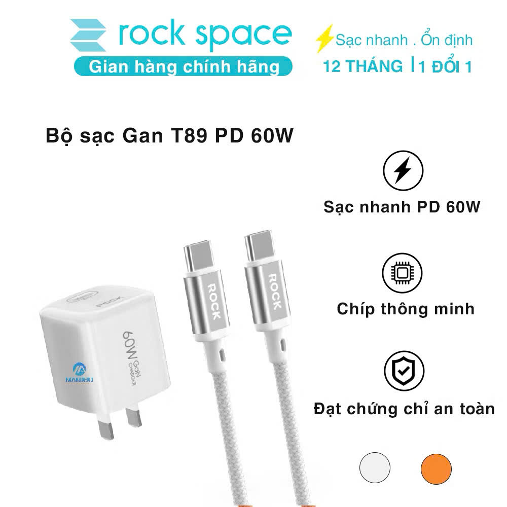 Bộ củ cáp sạc nhanh typeC PD 60W RockSpace T89 cáp typeC to TypeC - Hàng chính hãng bảo hành 12 tháng