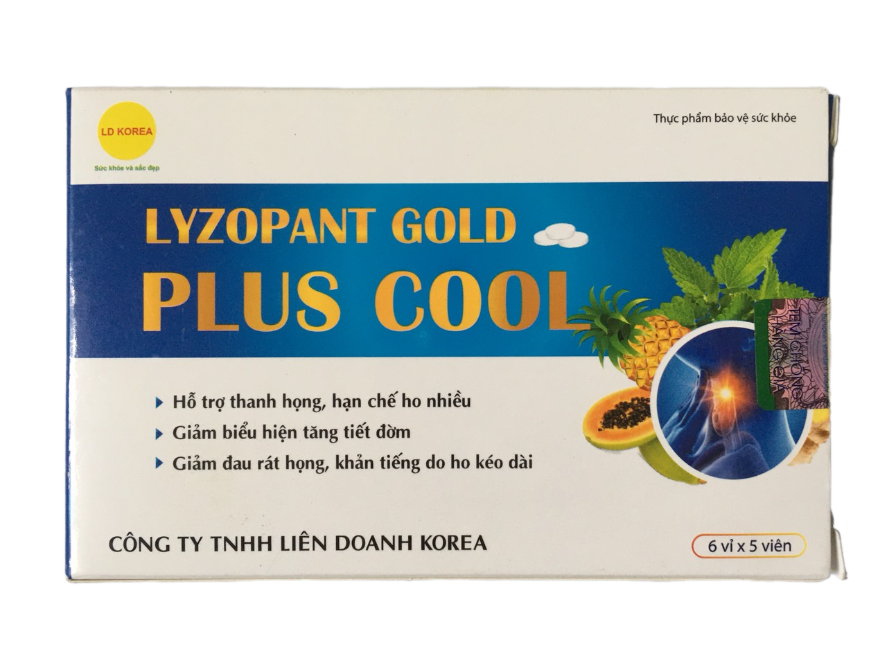 Viên ngậm giảm ho "Lyzopant Gold Plus Cool" (hộp/30 viên) hỗ trợ thanh họng, hạn chế ho nhiều, giảm biểu hiện tăng tiết đờm, giảm đau rát họng, khản tiếng do ho kéo dài.