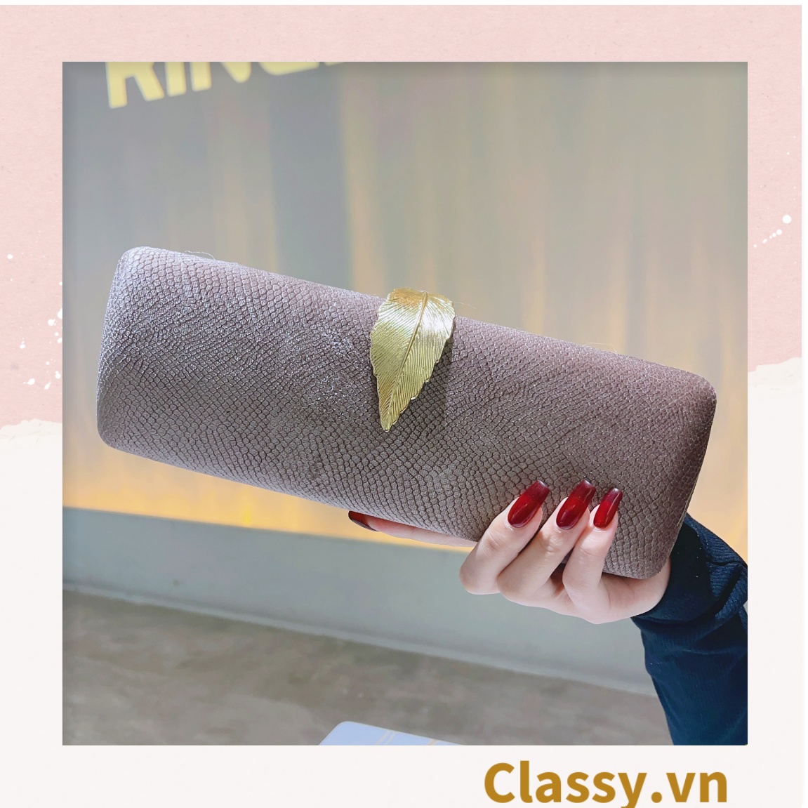 Cốp da rắn - Clutch da rắn khóa hình chiếc lá đi tiệc siêu sang Dài 25 X rộng 8 CM, đựng vừa điện thoại, son môi