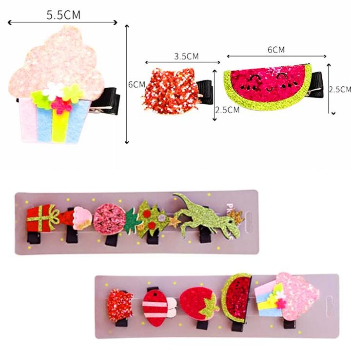 Set 5 kẹp tóc handmade cho bé gái nhiều họa tiết lấp lánh – P080