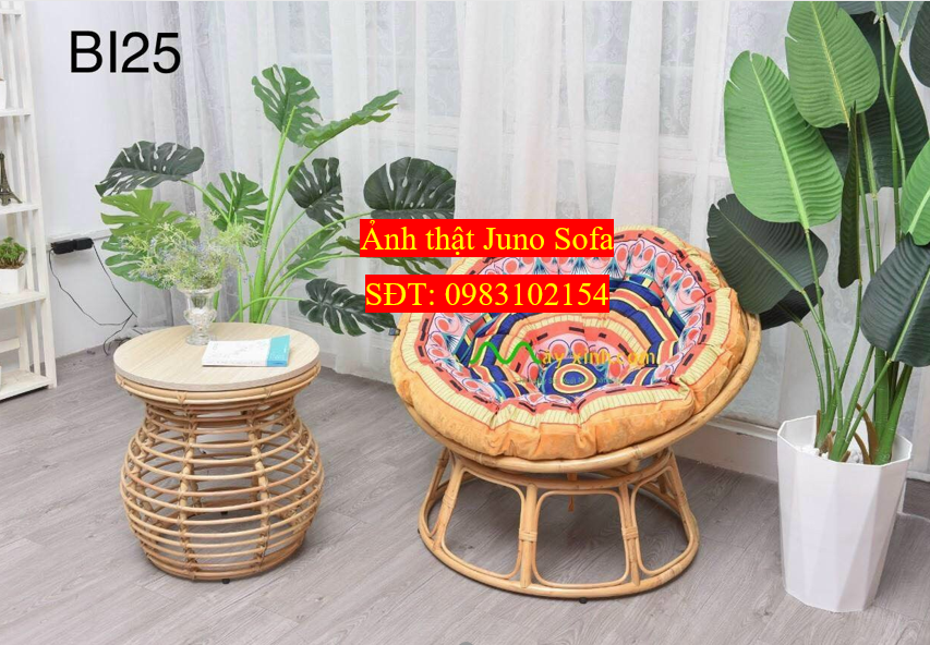 Ghế mặt trăng Papasan mây thật cao cấp Juno Sofa size 1m, Nệm hoa văn Indochine