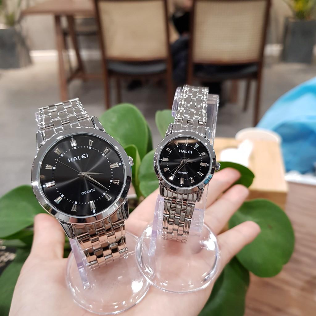 Đồng hồ đôi nam nữ Halei mặt trắng dây da kim loại chính hãng TonyWatch68