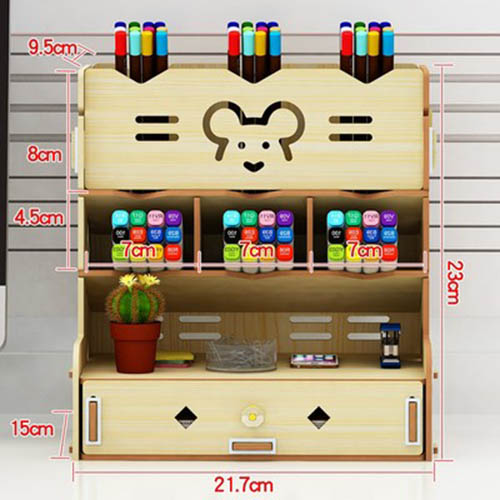 Hộp bút để bàn kệ đựng bút bằng gỗ HV10 - Tặng giá để điện thoại hình con thỏ bằng gỗ màu ngẫu nhiên