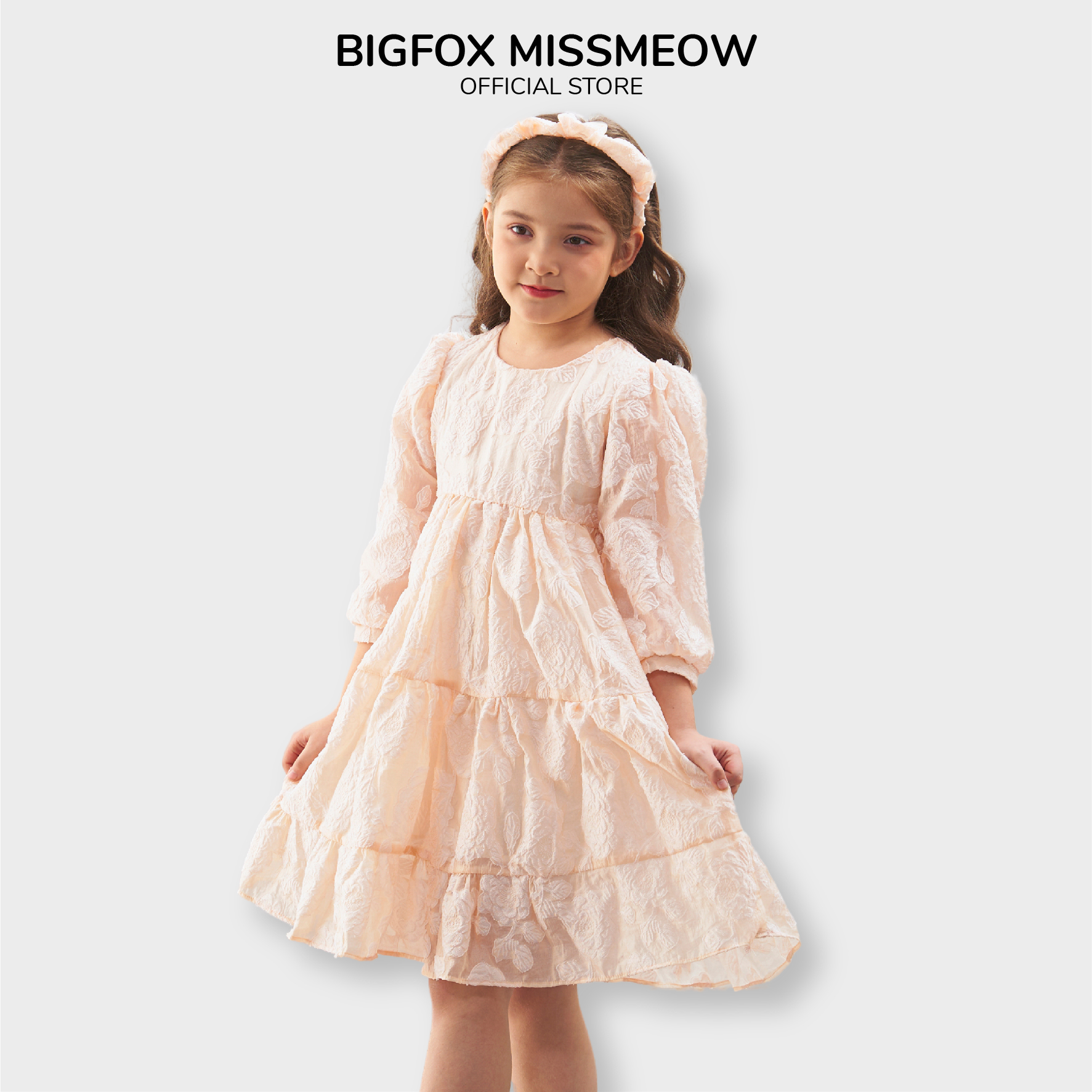 Váy cho bé gái size đại Bigfox Miss Meow mặc dự tiệc, mùa thu đông tay lỡ 2 lớp sang trọng trẻ em cỡ 3,7,9,11 tuổi 30kg