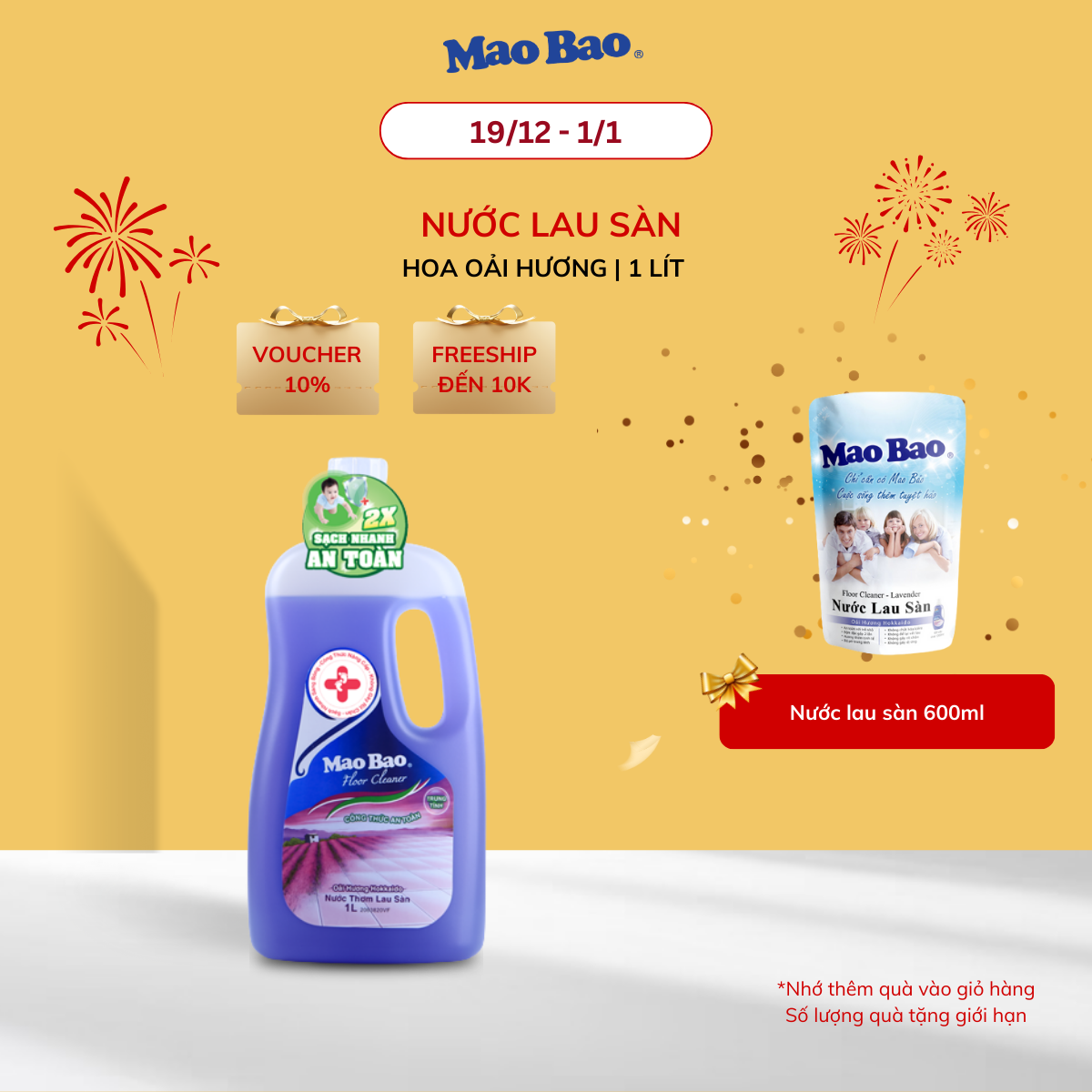 Nước Lau Sàn Diệt Khuẩn Mao Bao Hương Hoa Oải Hương chai 1000ml