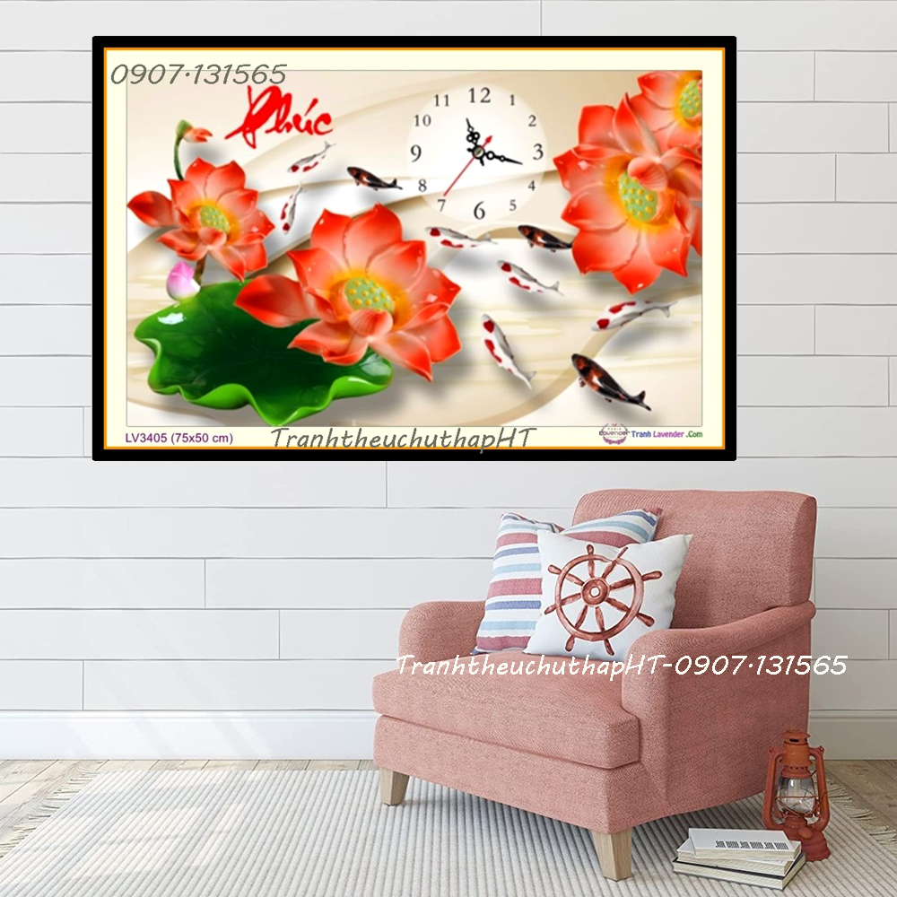 Tranh đính đá - Tranh thêu chữ thập Phúc hoa sen - size 75*50
