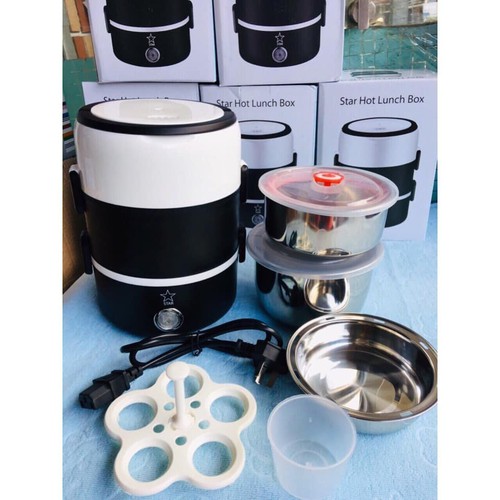 Hộp cơm văn phòng cắm điện nấu cơm và thức ăn tự động siêu nhanh, thiết kế 3 tầng với 3 khay đựng bằng inox cao cấp