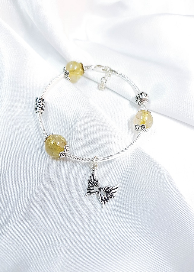 Vòng tay mệnh kim, thủy đá thạch anh tóc mix charm mặt nạ LAT.90