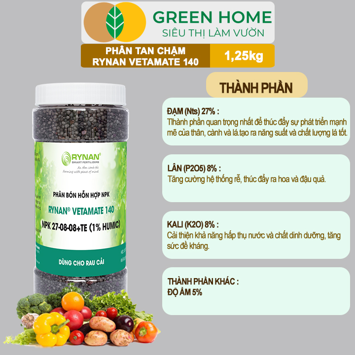 Phân Tan Chậm GreenHome Rynan Vetamate 140 NPK 27-08-08+TE (1% Humic), Hũ 1,25 kg, Chuyên Rau Ăn Lá