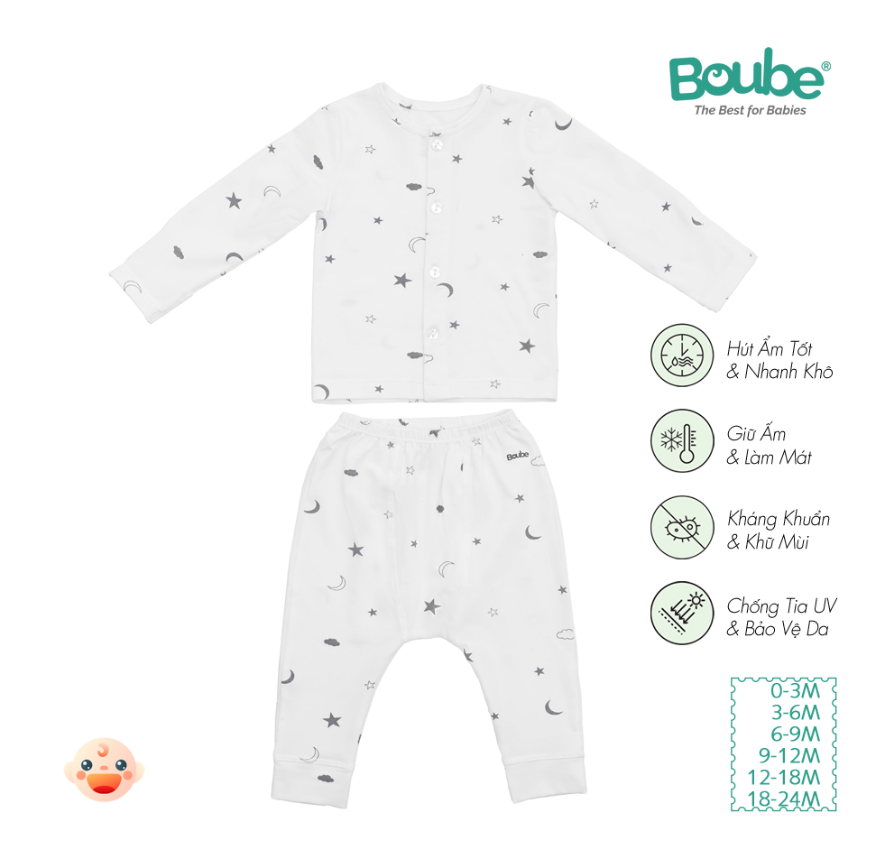 Bộ dài tay cúc thẳng hoạ tiết dễ thương cho bé sơ sinh và trẻ nhỏ Boube, Vải cotton organic thoáng mát- Size 0-24M